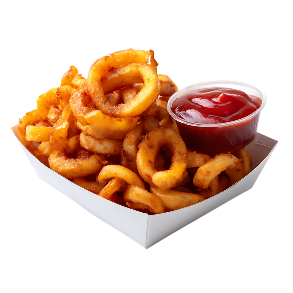 Close up of curly fries with ketchup in a white paper tray png