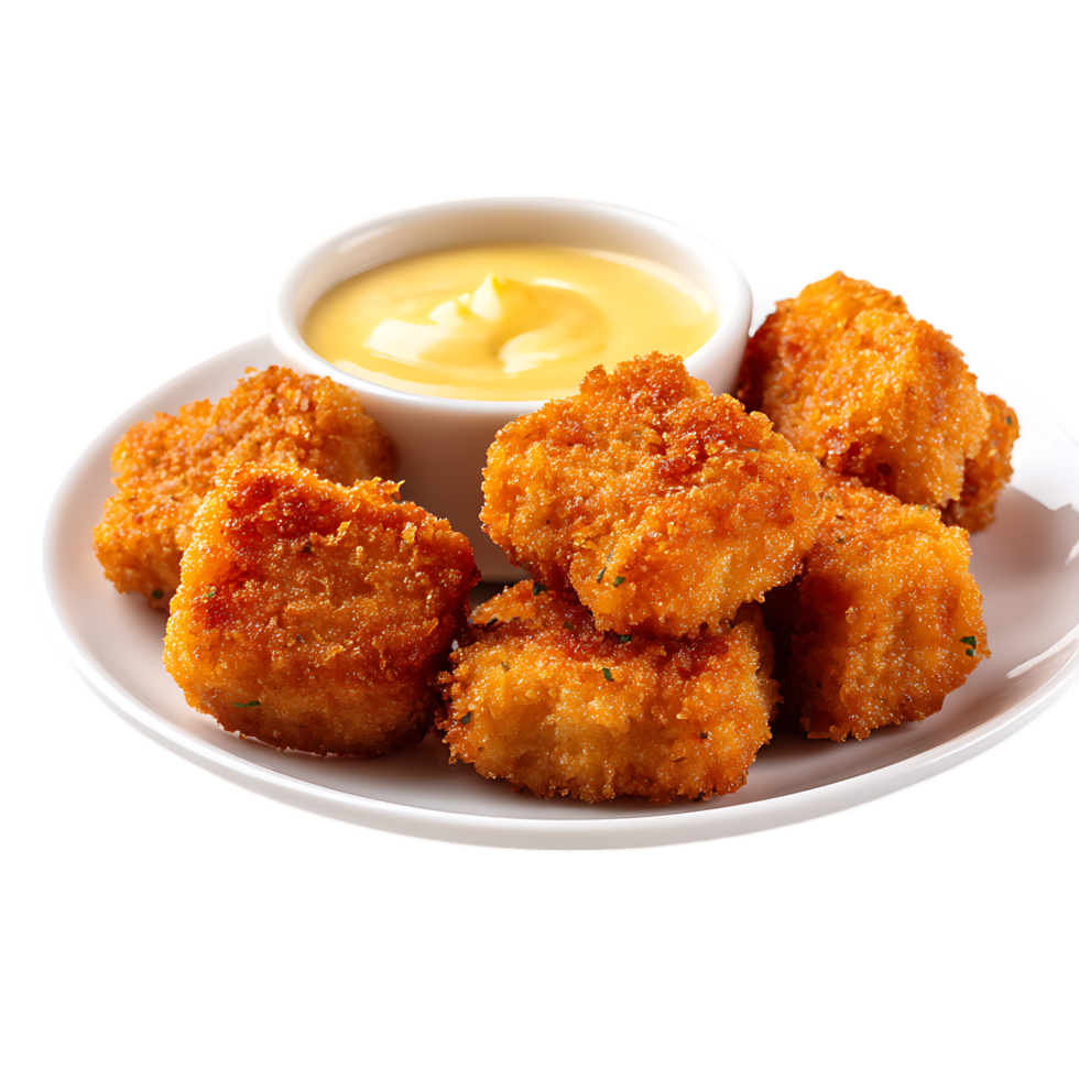 A plate of golden chicken nuggets with a creamy dipping sauce png