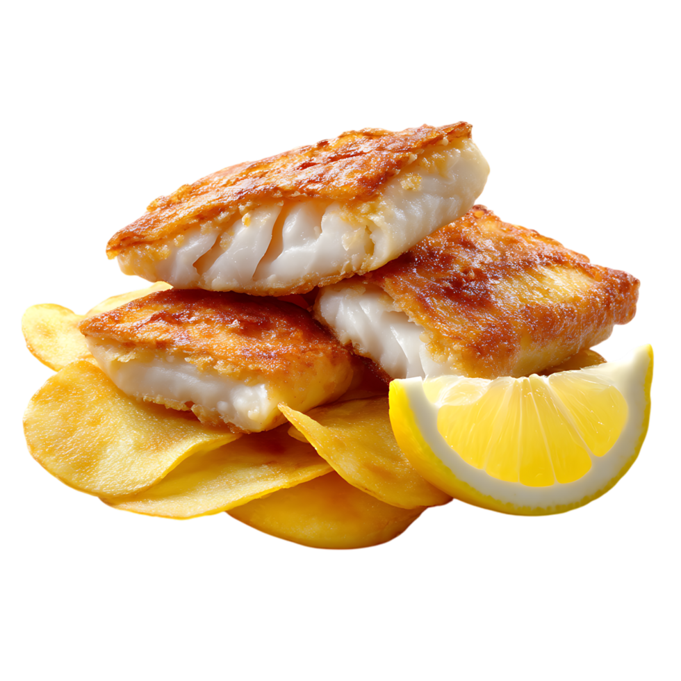 Stack of fried fish fillets with chips and a lemon wedge close up png