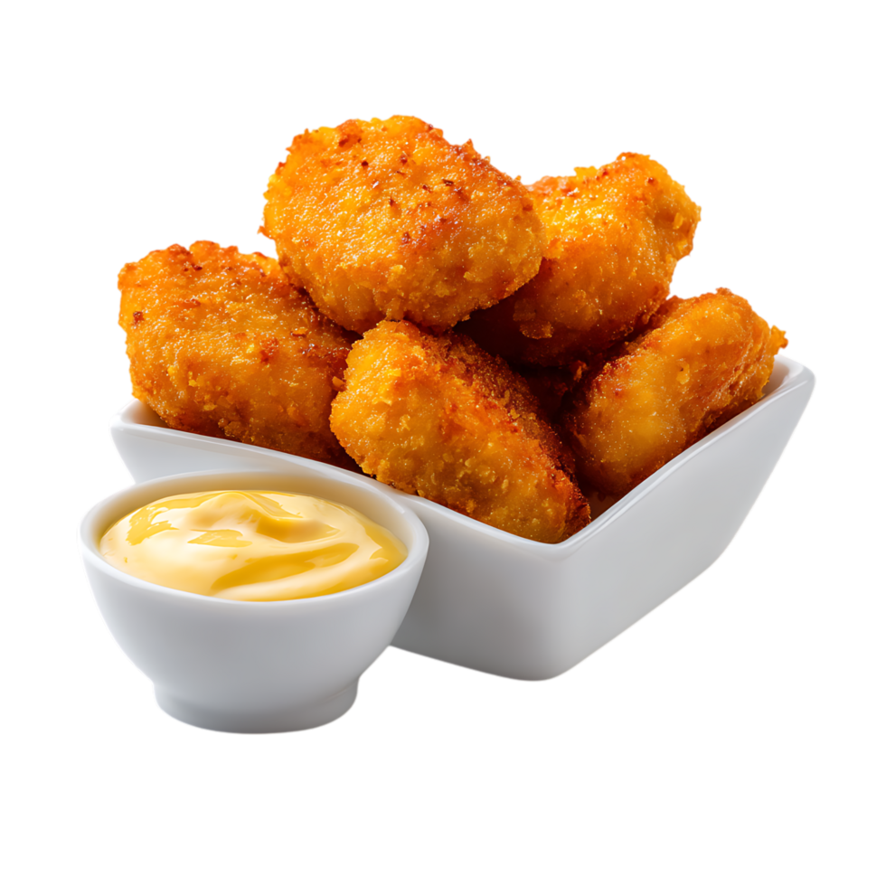 Chicken nuggets served with dipping sauce in a white bowl set png