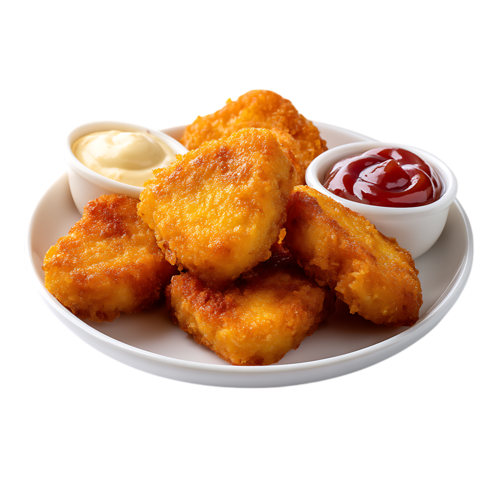 Plate of golden chicken nuggets with dipping sauces on a table png