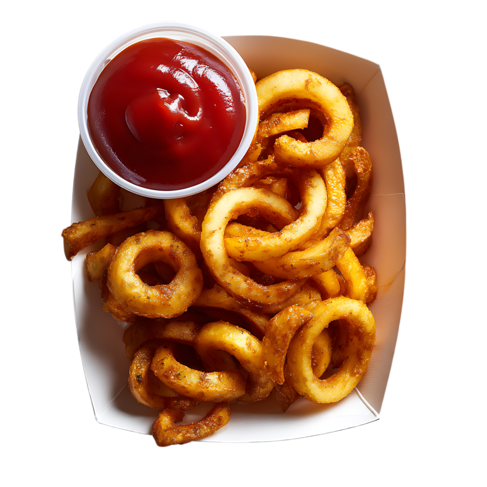 Overhead view of curly fries with ketchup in a white container png