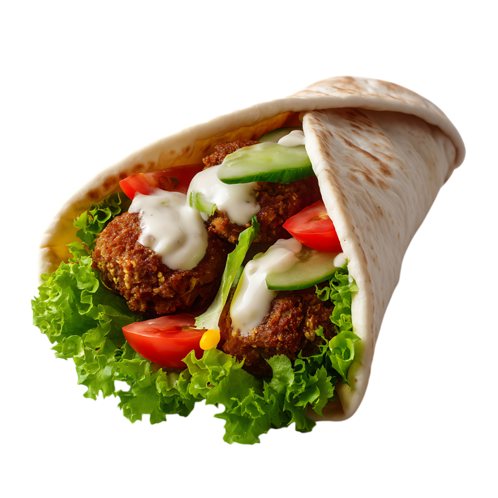Close up of a falafel wrap with vegetables and white sauce png