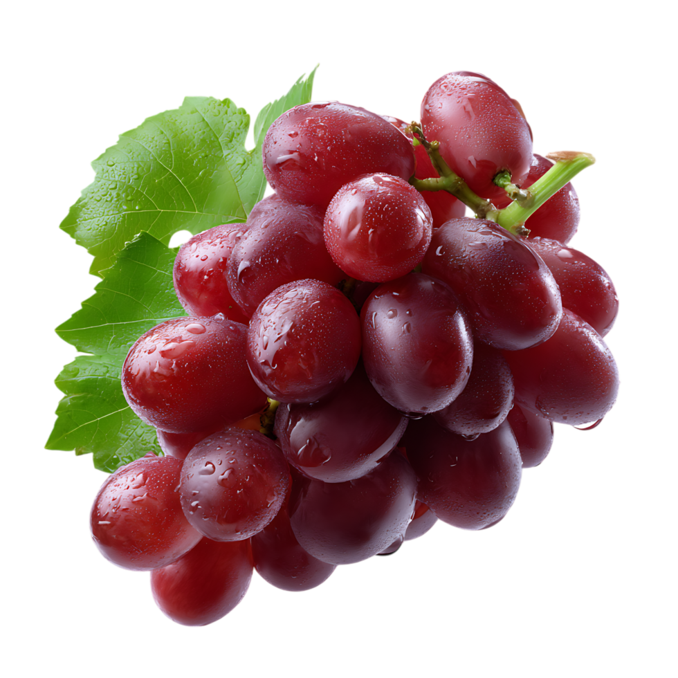 Close up view of a bunch of red grapes with a green leaf next to png