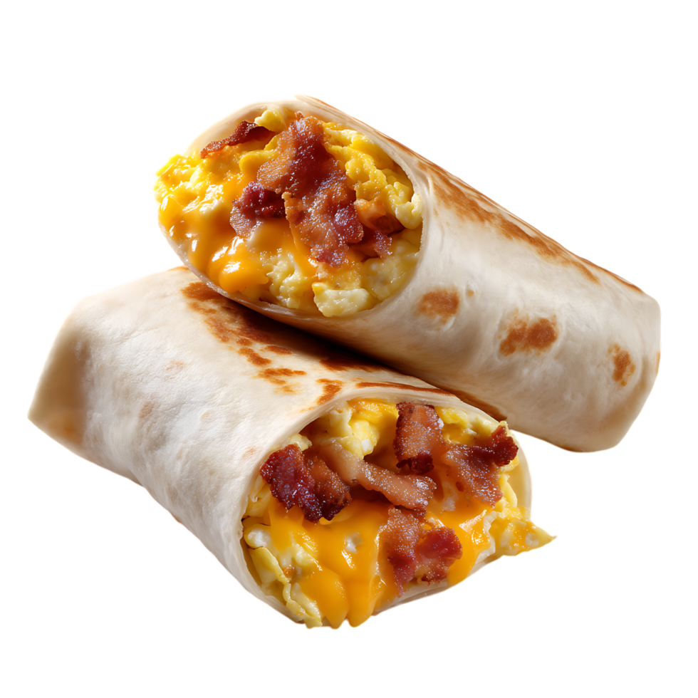 Close up of two breakfast burritos with bacon and cheese inside png