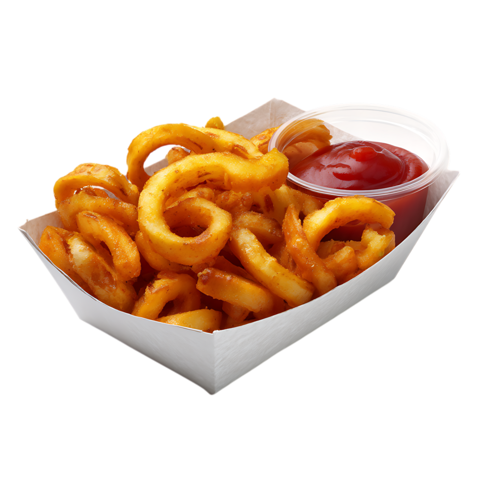Curly fries with ketchup in a white cardboard container close up png