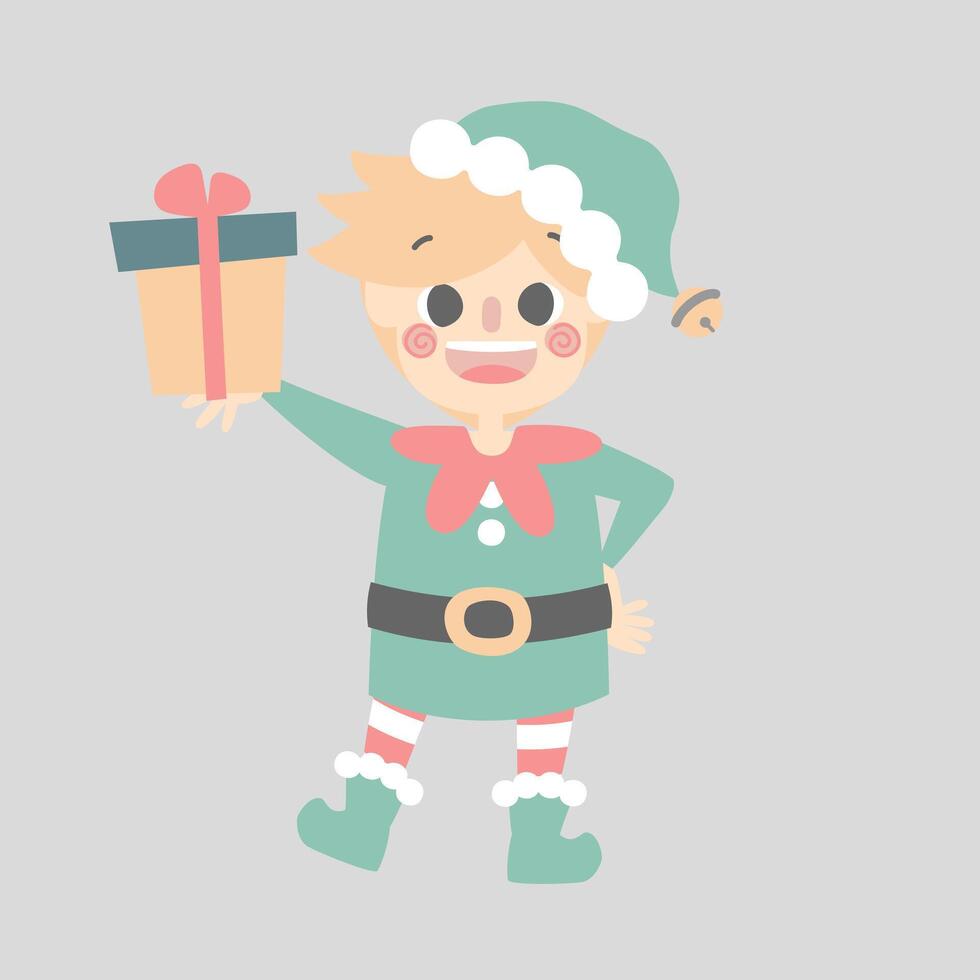 merry christmas and happy new year with cute little elf dwarf and present gift vector