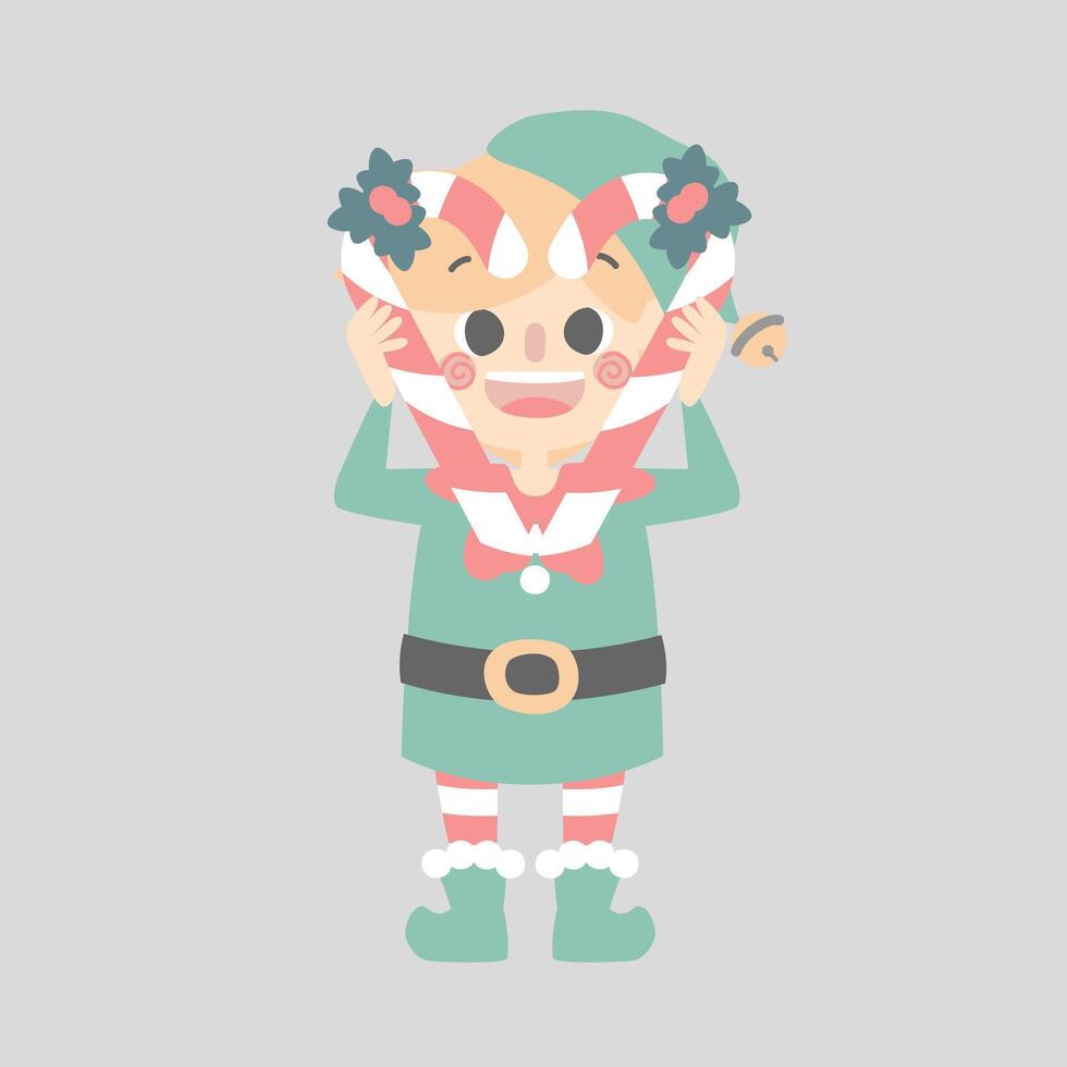 merry christmas and happy new year with cute little elf dwarf and 2 candy cane vector