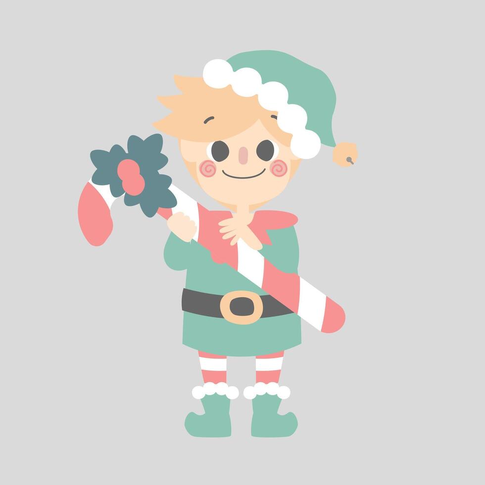merry christmas and happy new year with cute little elf dwarf and candy cane vector