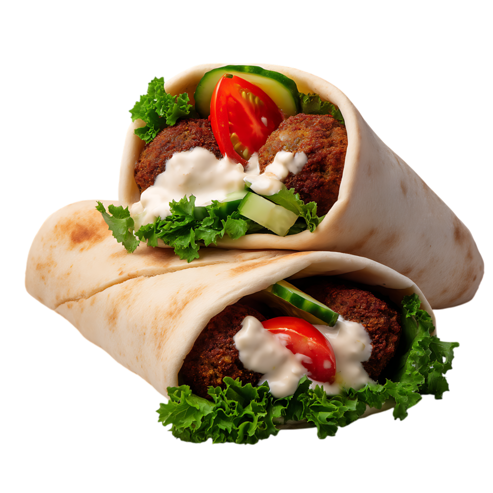 Two falafel wraps with vegetables and sauce stacked on each other png