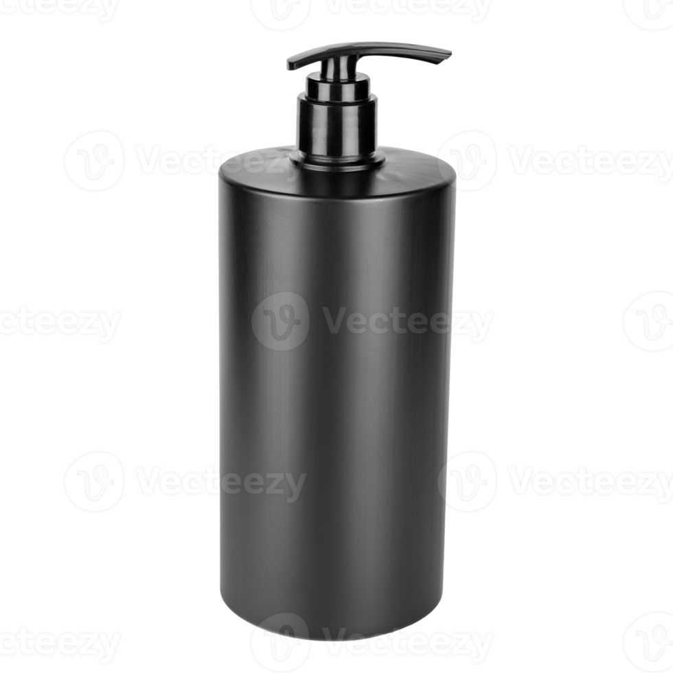 black bottle of shampoo with dispenser isolate. png