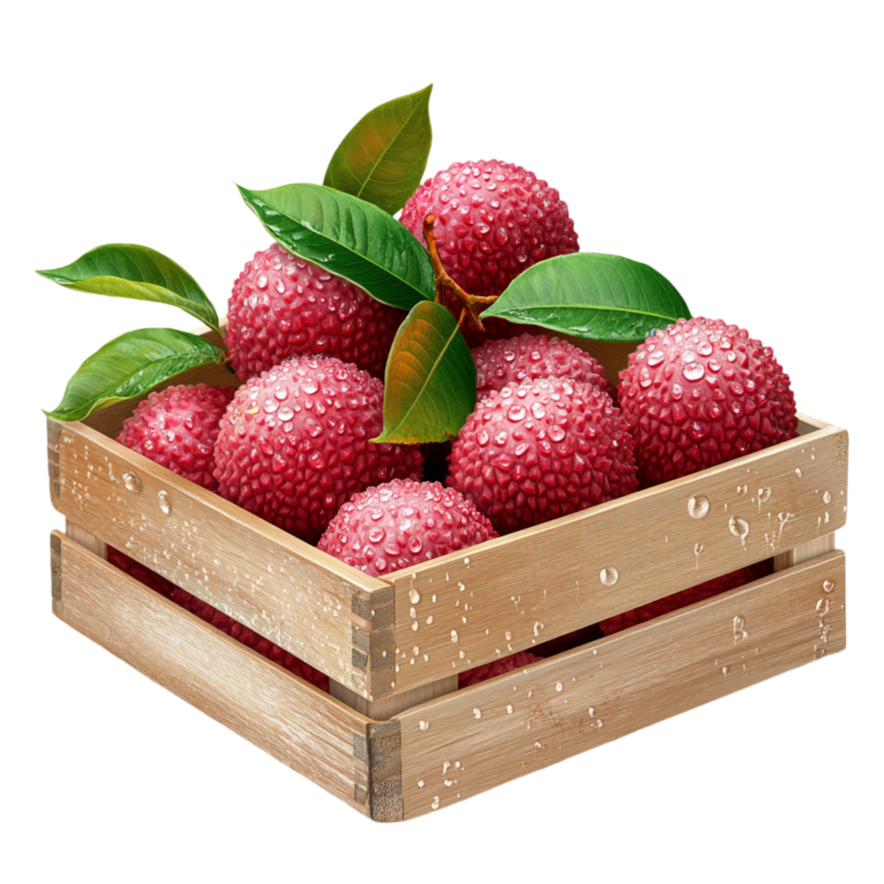 Rustic Wooden Crate of Fresh Red Lychees with Green Leaves png