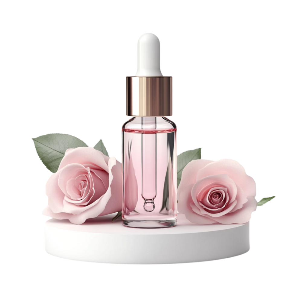 Elegant Perfume Bottle with Pink Floral Base png