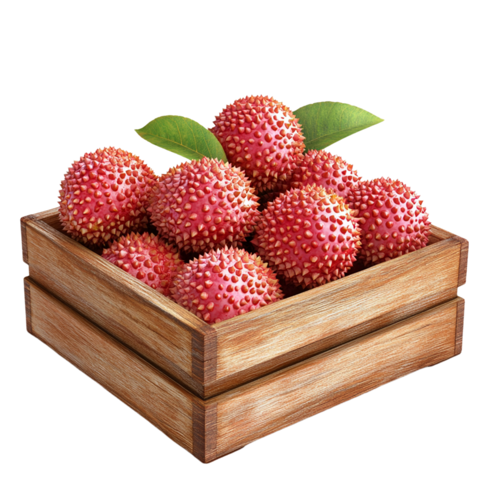 Wooden Box Filled with Red Lychee Fruits png