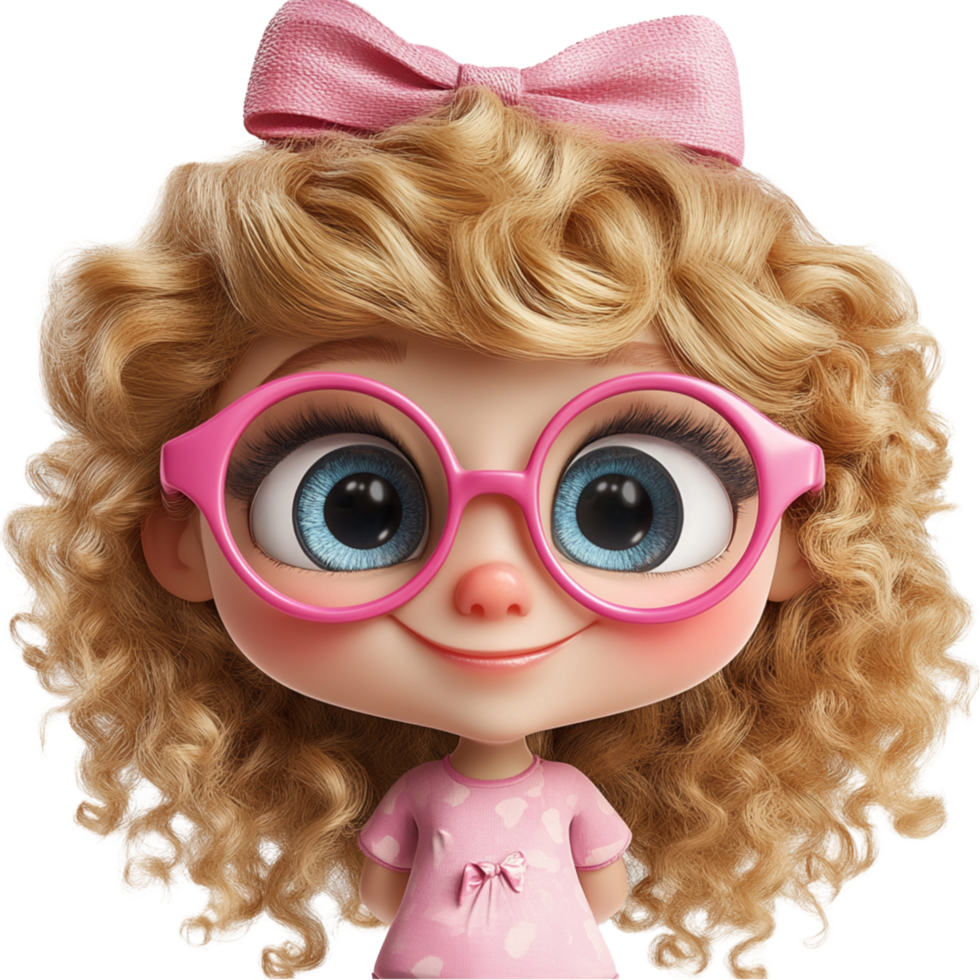Adorable Doll-Like Girl with Curls and Pink Bow png