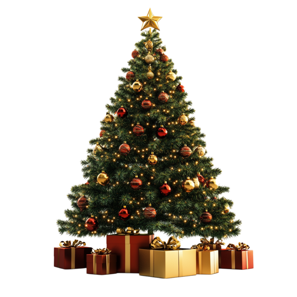 Decorated Christmas Tree with Golden Ornaments and Gifts png