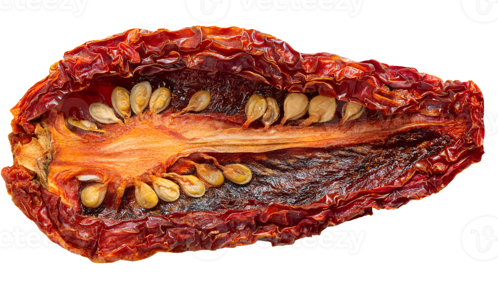 dried tomato half showing seeds and wrinkled inner texture in rich red color, close-up view of preserved vegetable on isolated background png
