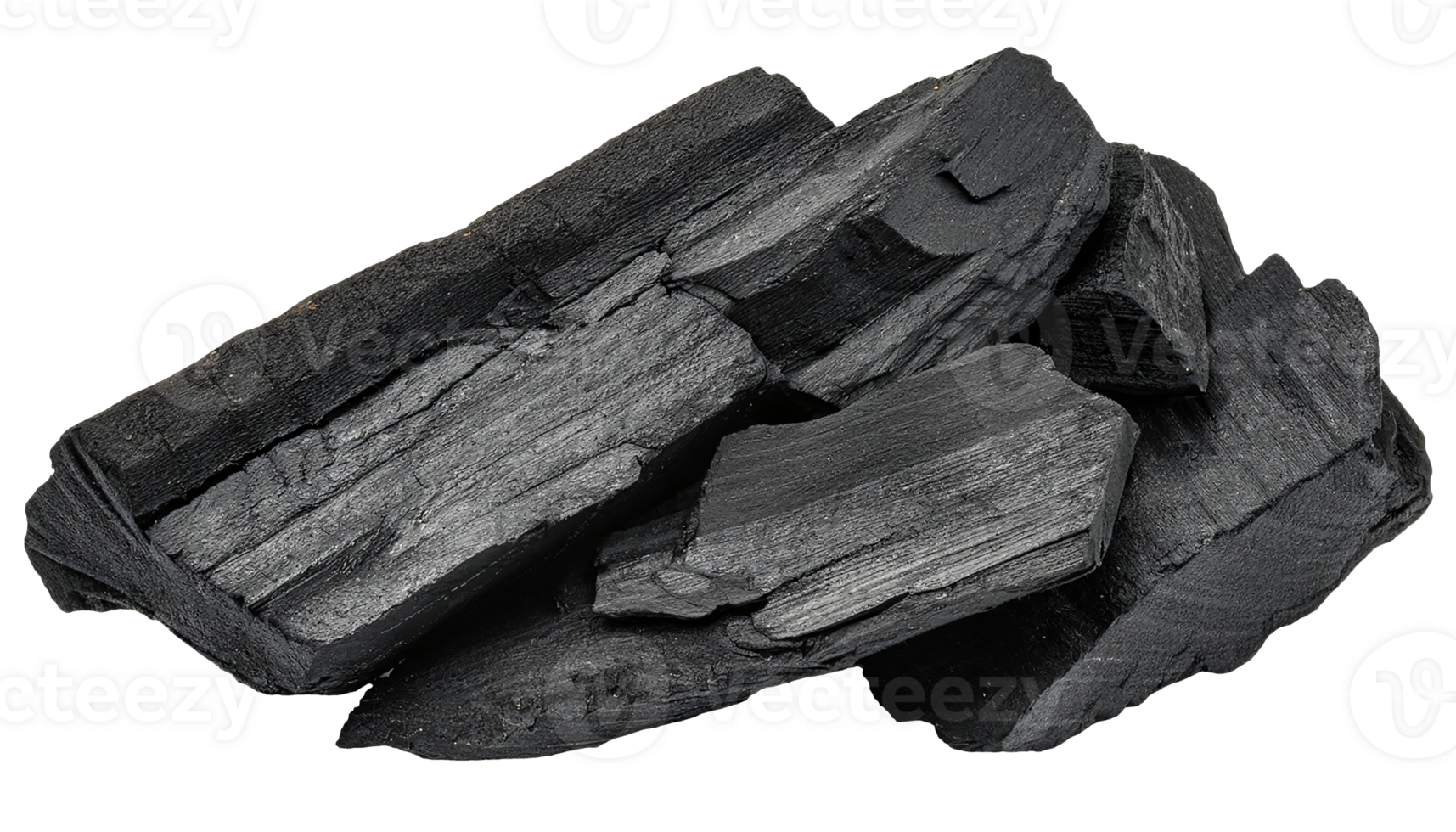 top view of natural black charcoal wood logs with rough cracked texture and matte surface on isolated background png