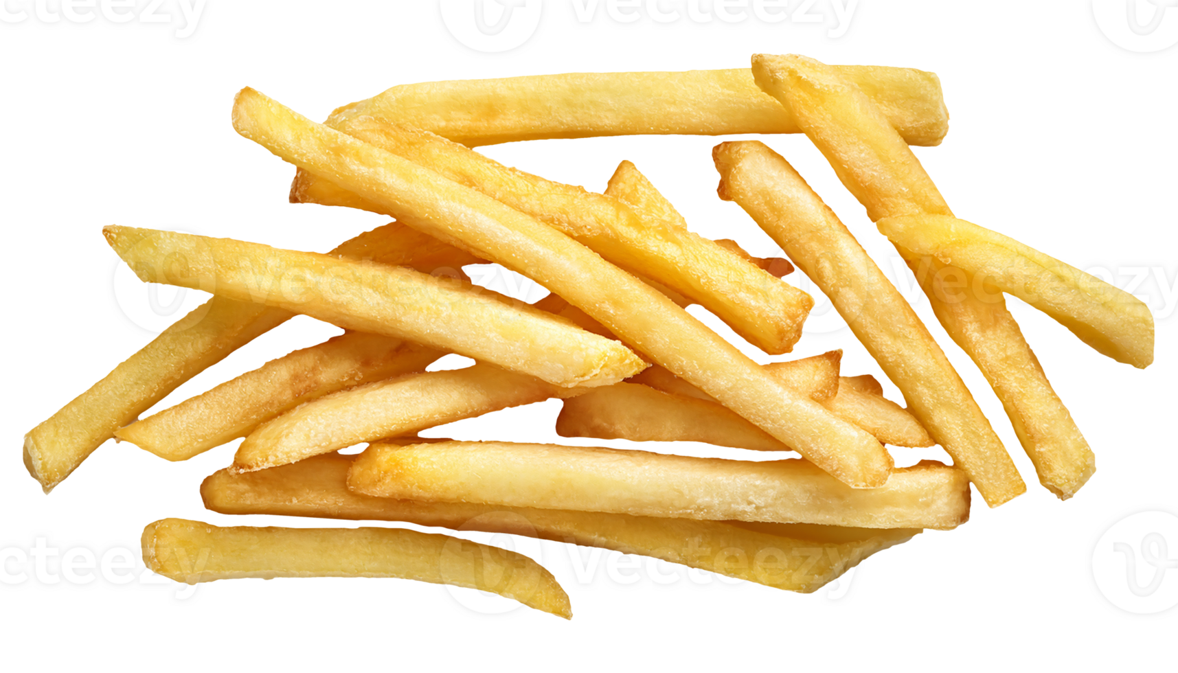 top view of stacked golden french fries with crispy texture and savory salted surface, fast food snack on isolated background png