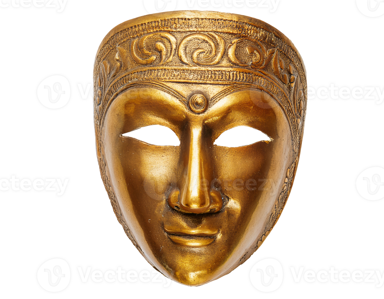 ancient golden ritual mask with embossed swirl headband and spiritual forehead mark on isolated background png