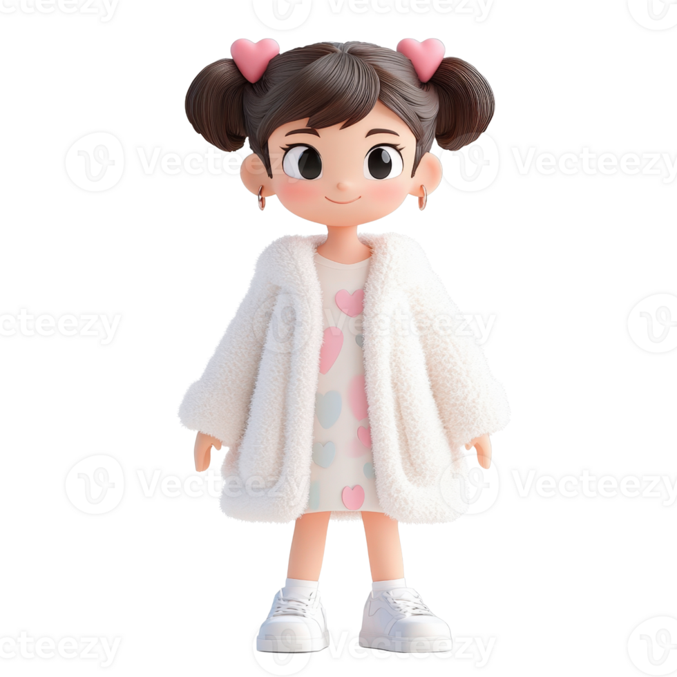 Adorable 3D Render of a Smiling Girl in a Fluffy White Coat and Pink Dress Isolated on transparent Background png