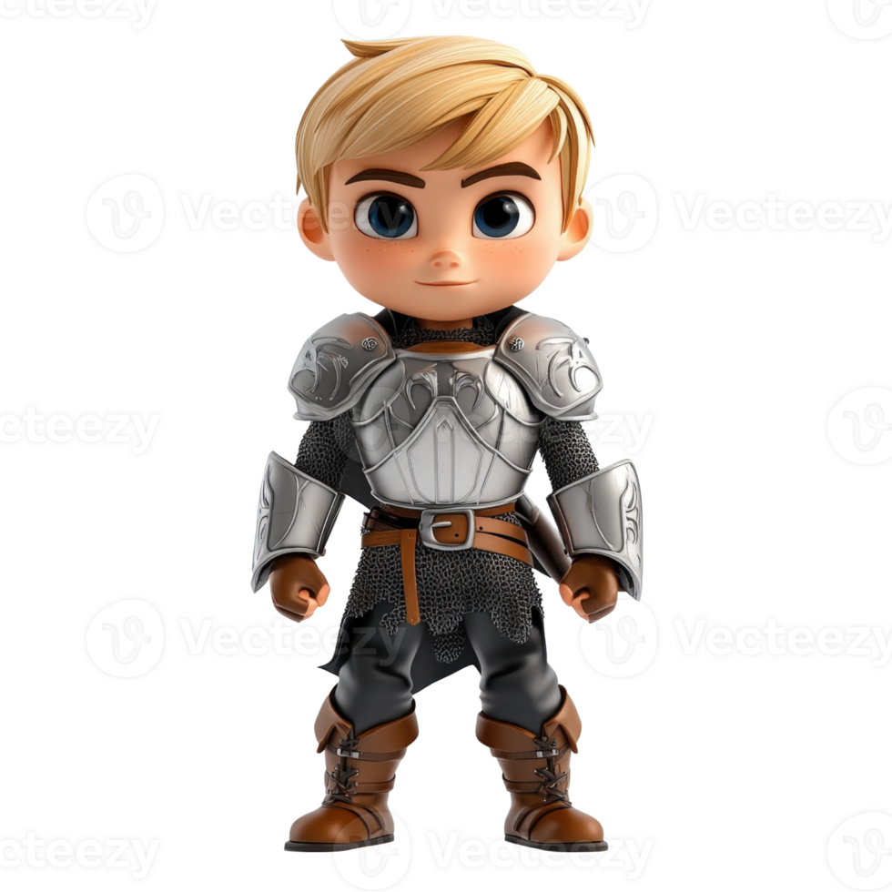 3D Rendered Cartoon Knight Boy in Silver Armor on Transparent Background png