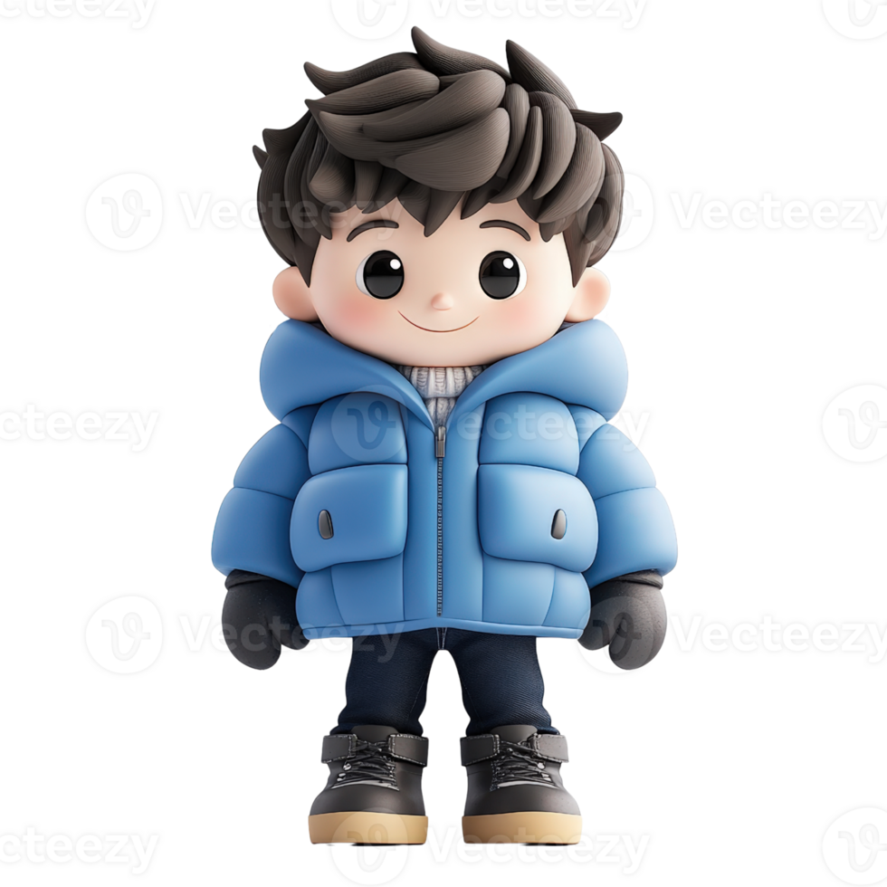 Smiling Cartoon Boy in Blue Winter Jacket Isolated on transparent Background png