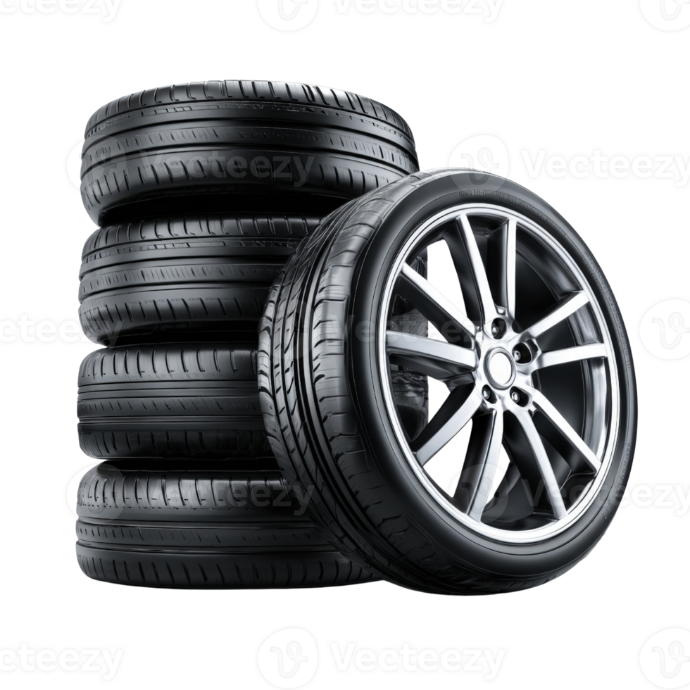 Stack of Black Tires and Alloy Wheel on Transparent Background png