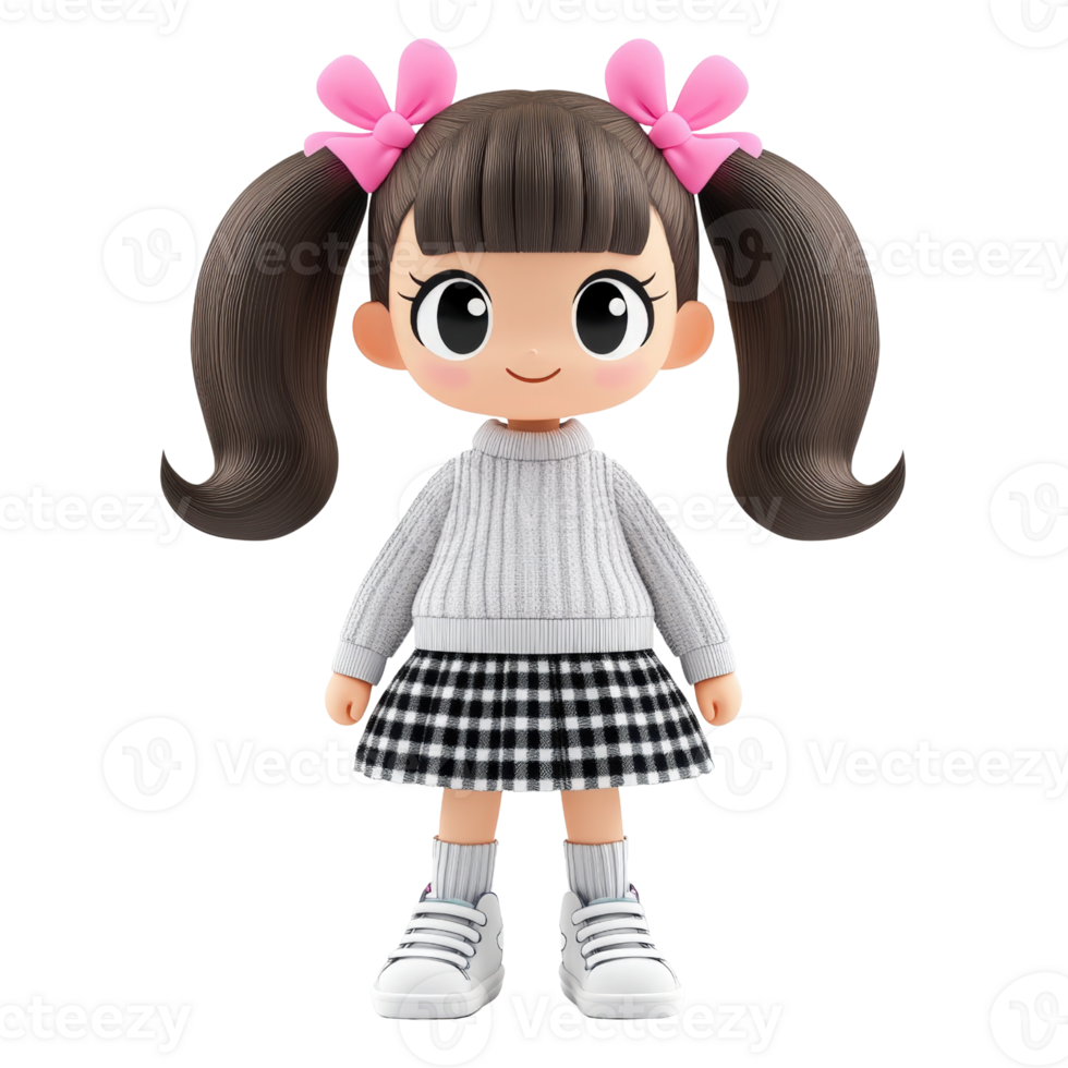 Smiling Cartoon Girl Doll with Pigtails and Plaid Skirt Isolated on transparent Background png