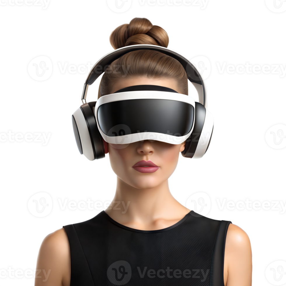 Woman Immersed In Virtual Reality Experience Wearing Vr Headset And Headphones On transparent Background png