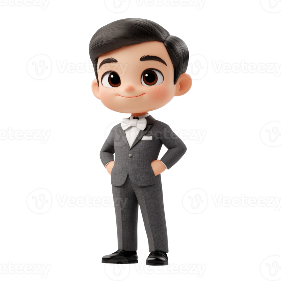 Adorable Cartoon Boy in Grey Tuxedo, 3D Rendered Illustration Isolated on transparent Background png