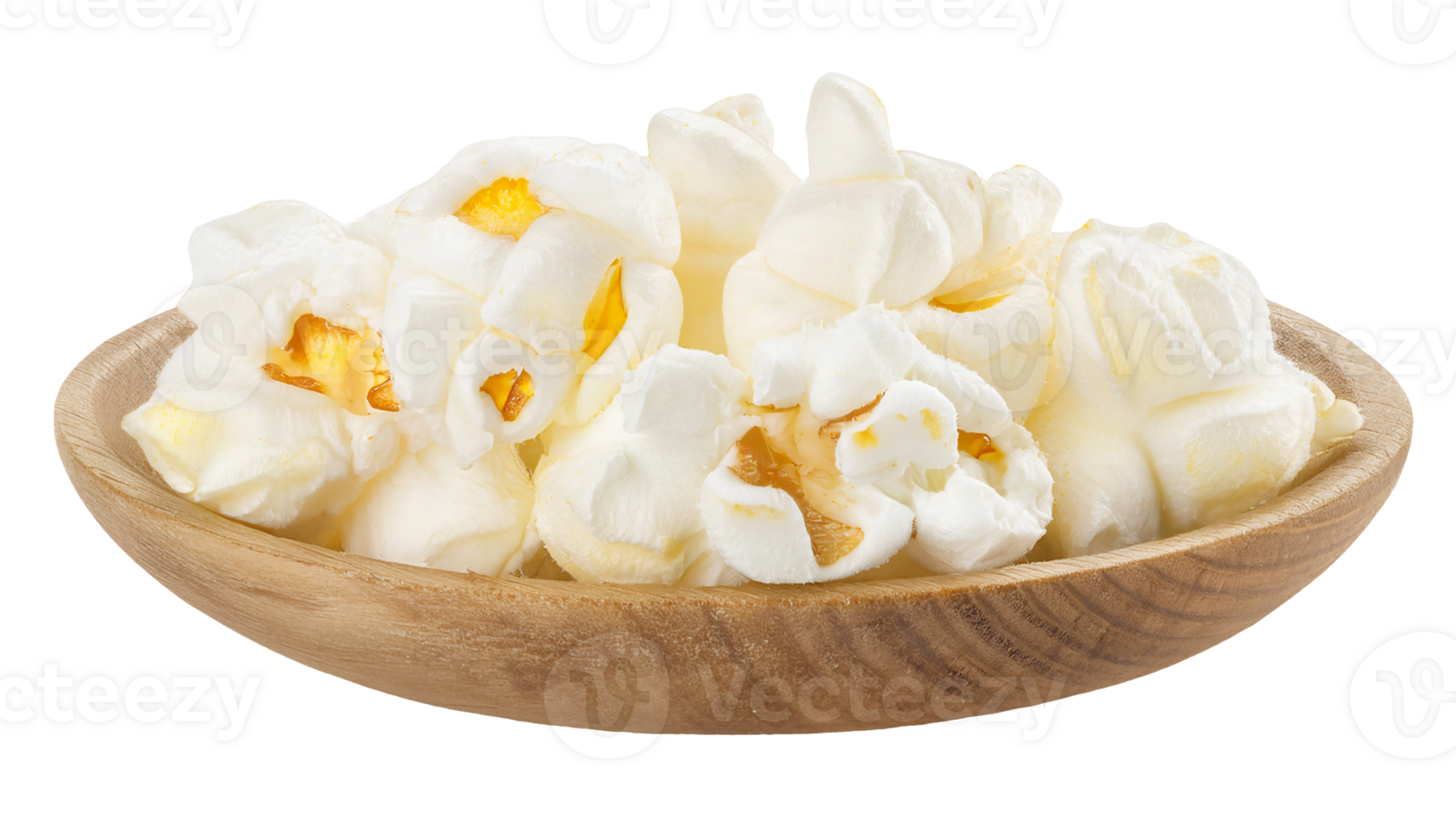 close up of white fluffy popcorn in wooden bowl on isolated background top view for snack and food concept png