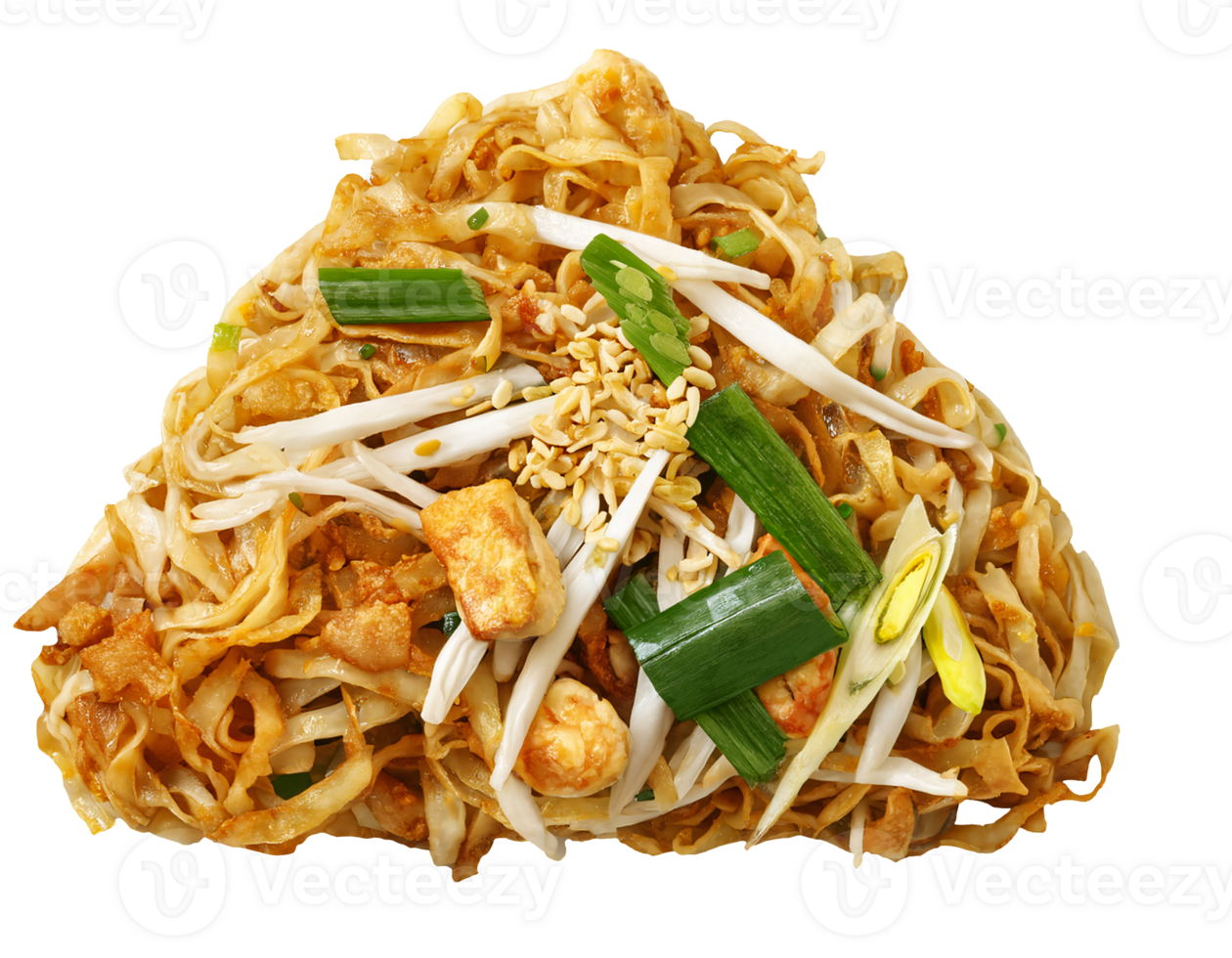 top view of authentic thai pad thai stir fried rice noodles with shrimp tofu bean sprouts green onion and crushed peanuts on isolated background png