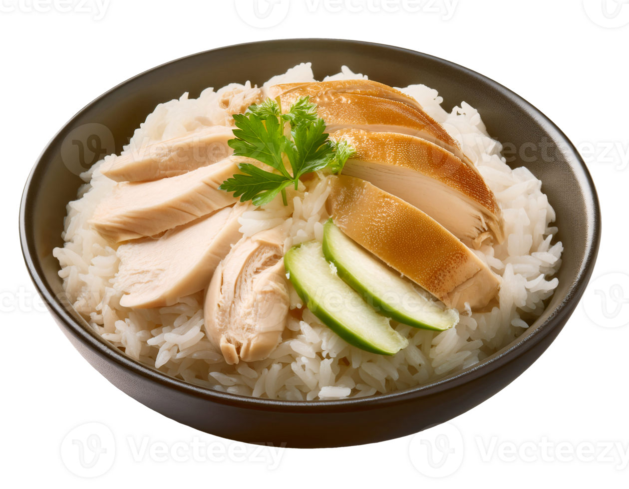 top view of hainanese chicken rice with sliced poached chicken breast, aromatic jasmine rice, cucumber and coriander garnish, traditional asian meal on isolated background png