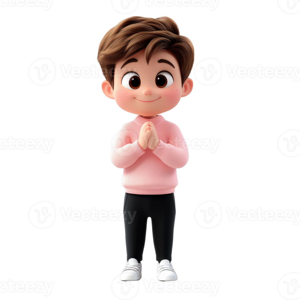 Adorable 3D Render of a Smiling Boy in Pink Sweater Praying Isolated on transparent Background png