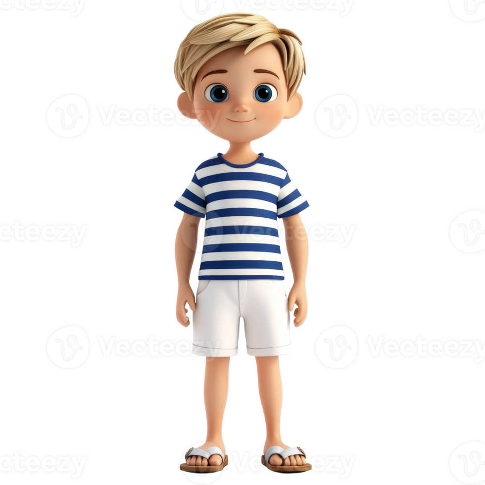 Adorable 3D Render of a Smiling Blond Boy in Striped Shirt and White Shorts Isolated on transparent Background png