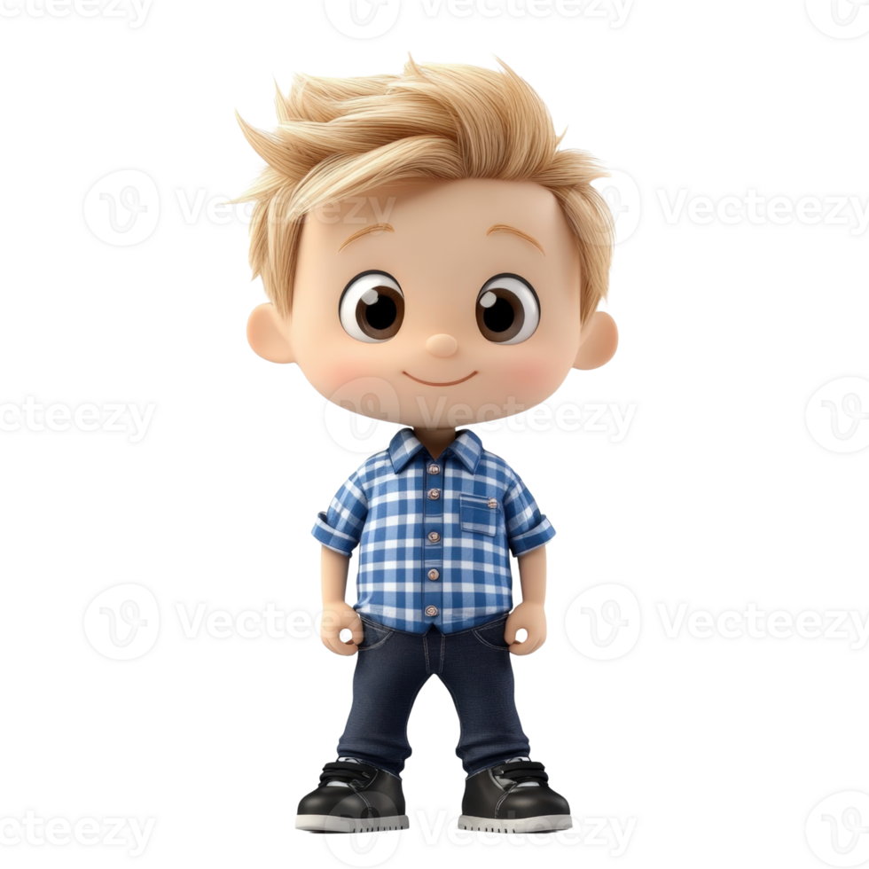 Smiling Cartoon Boy in Blue Plaid Shirt and Jeans Isolated on transparent Background png
