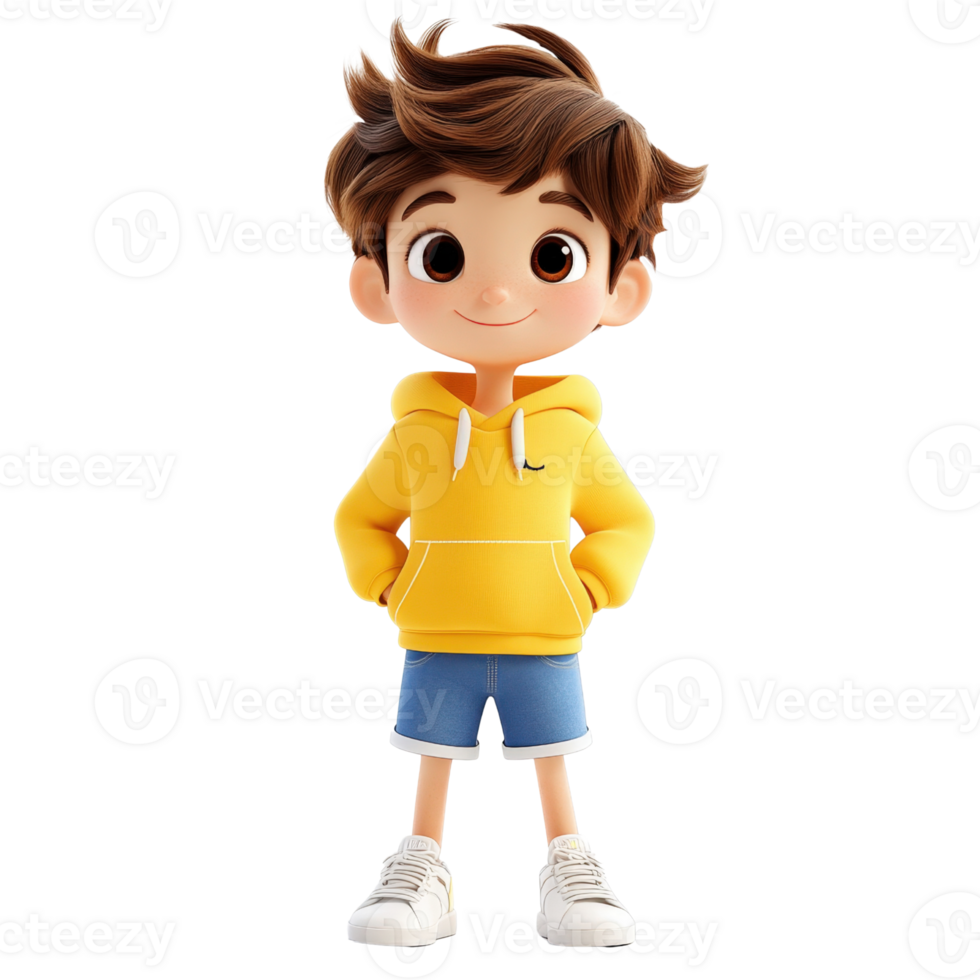 Cheerful Cartoon Boy in Yellow Hoodie and Denim Shorts Isolated on transparent Background png
