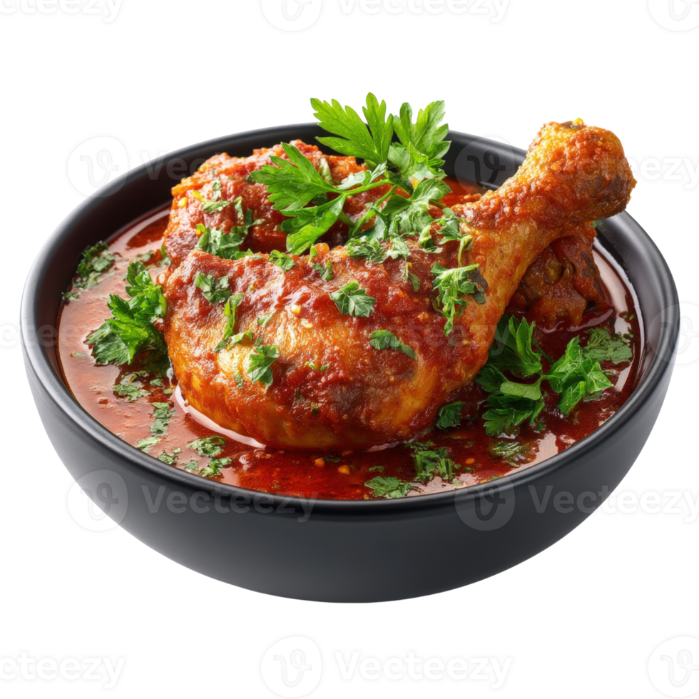 Spicy Chicken Leg Quarter in Red Sauce with Parsley Garnish Isolated on transparent Background png
