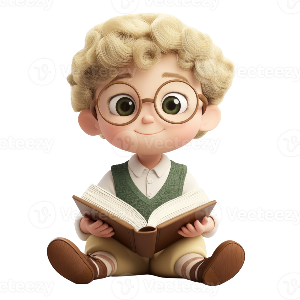 Adorable 3D Render of a Smiling Boy Reading a Book Isolated on transparent Background png