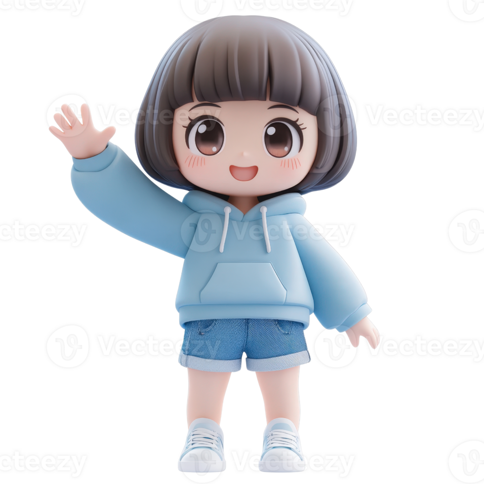 Smiling Cartoon Girl Waving in Blue Hoodie and Denim Shorts Isolated on transparent Background png