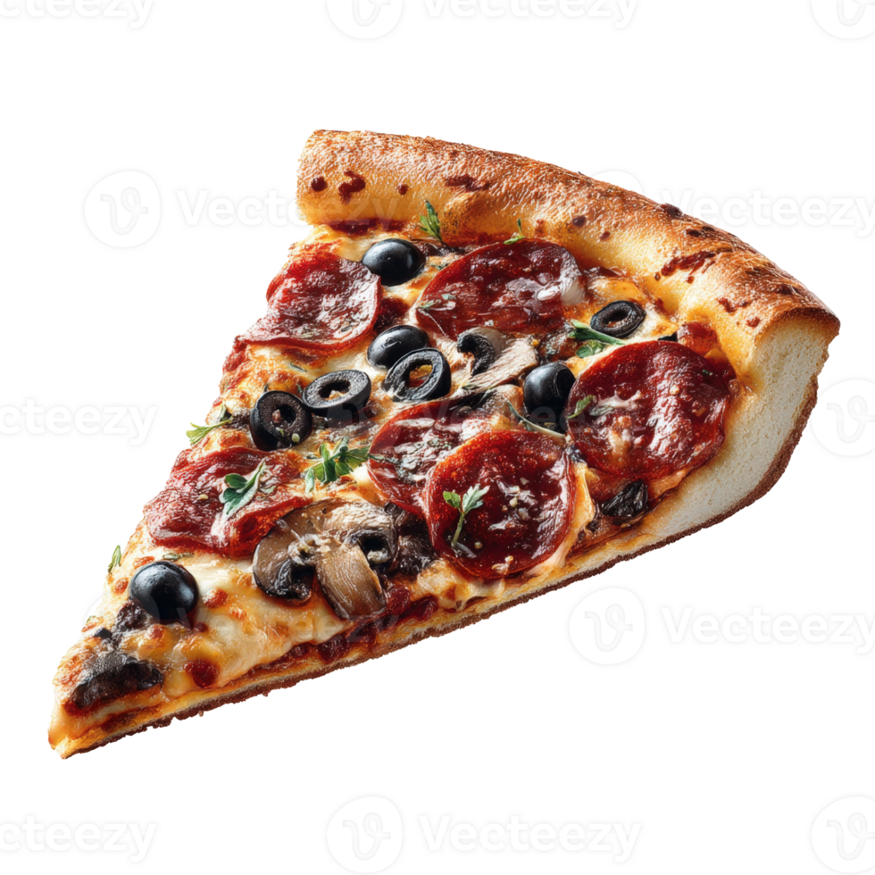 A Single Slice of Pepperoni Pizza with Olives and Mushrooms Isolated on transparent Background png