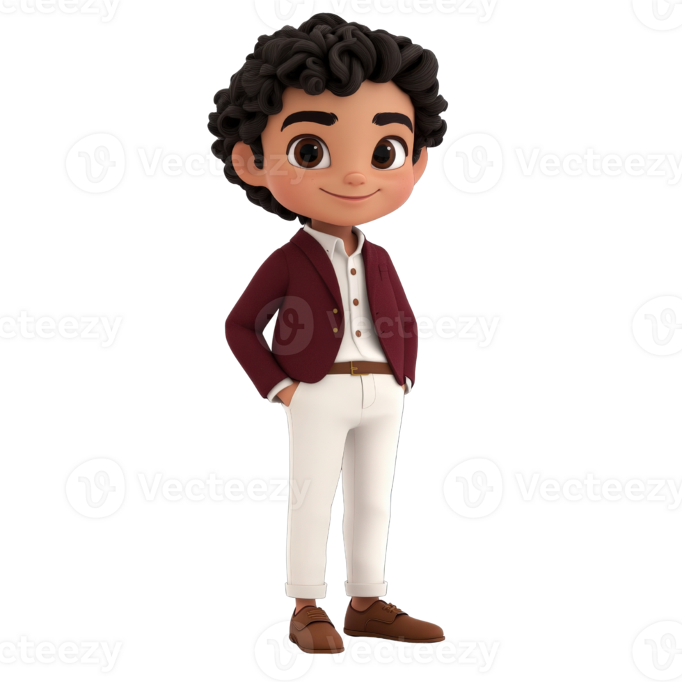 Smiling Cartoon Boy in Burgundy Jacket and White Pants Isolated on transparent Background png