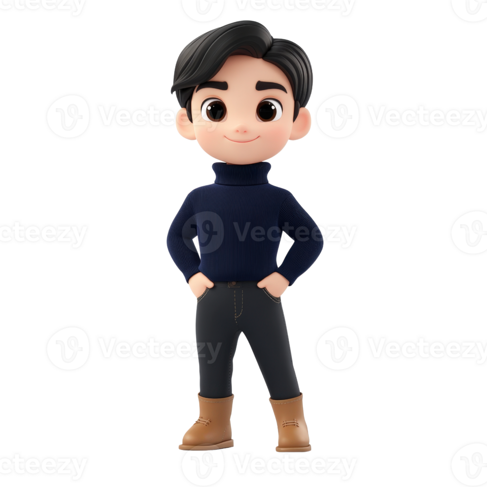 Smiling Cartoon Boy in Blue Sweater and Brown Boots Isolated on transparent Background png