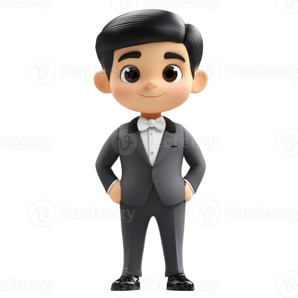 Smiling Cartoon Boy in Grey Tuxedo, 3D Rendered Illustration Isolated on transparent Background png