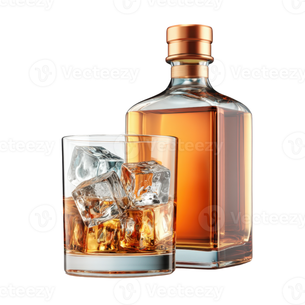 Amber Whiskey Bottle and Ice Filled Glass on Transparent Background png