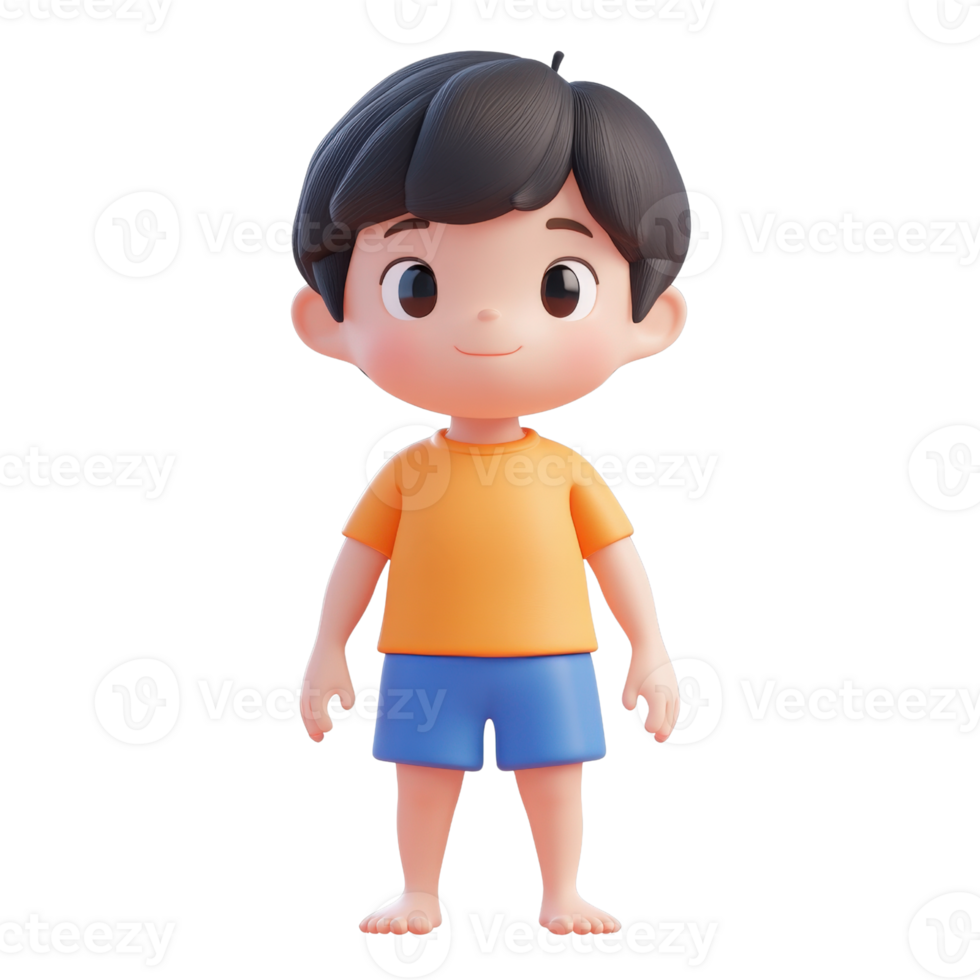 Cute Cartoon Boy 3D Rendering Happy Smiling Child in Orange Shirt and Blue Shorts Isolated on transparent Background png
