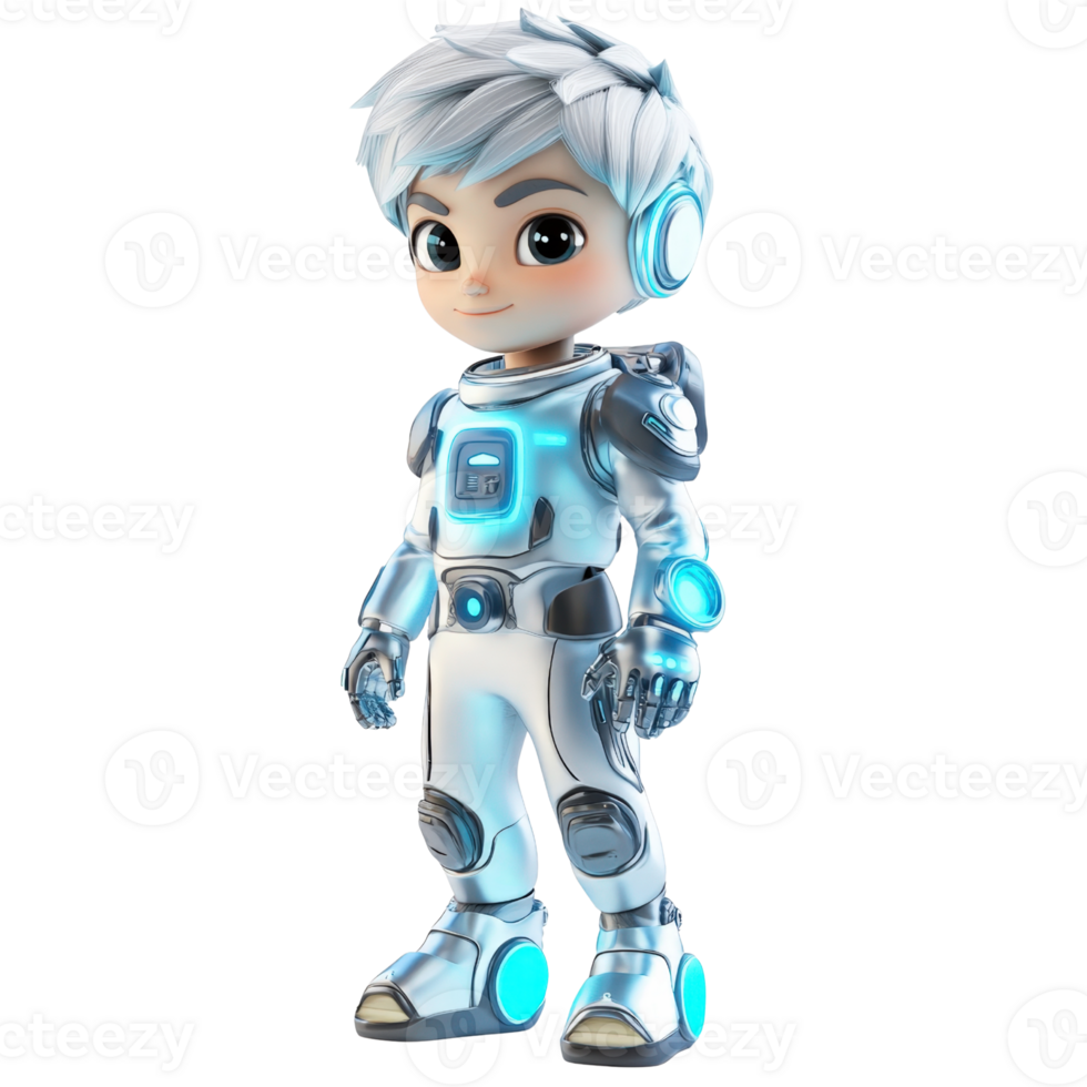 3D Render of a Cute Boy in Futuristic White and Blue Spacesuit Isolated on transparent Background png