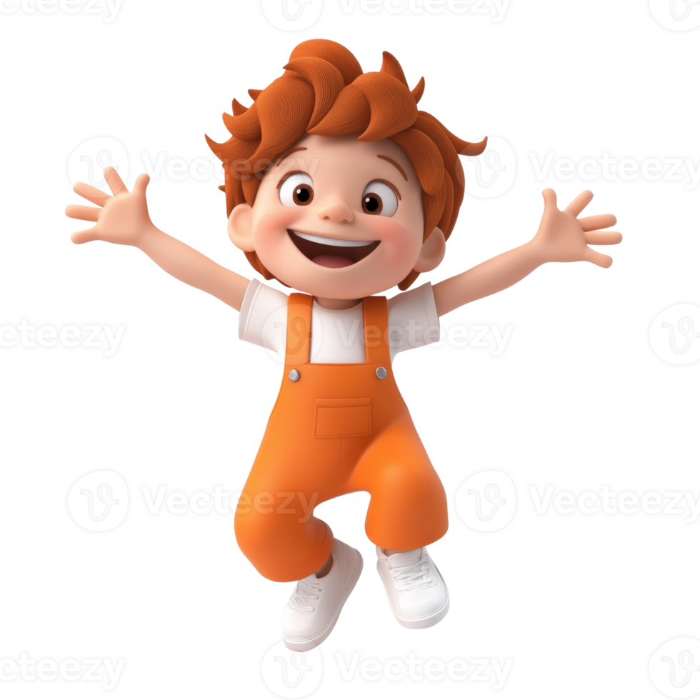 Happy Jumping Boy 3D Render A Cheerful Cartoon Child in Orange Outfit with Red Hair on Transparent Background png