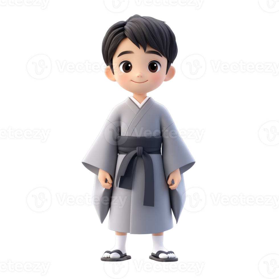 Smiling Boy in Gray Kimono 3D Render Isolated on transparent Background png